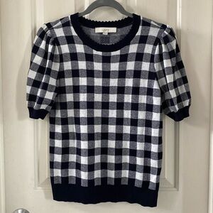 LOFT Deep Blue Gingham Puff Short Sleeve Sweater